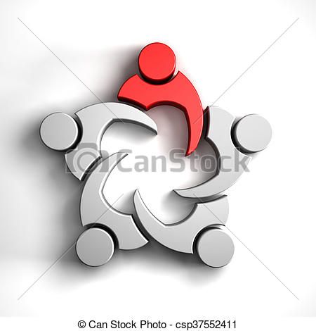 Red figure leading a circle of four gray figures, symbolizing leadership and teamwork.