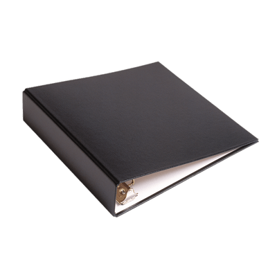 Black leatherette binder with gold-toned metal rings, slightly open to reveal white pages, on a green background.