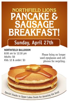 Northfield Lions Pancake & Sausage Breakfast event poster with stack of pancakes, date, time, pricing, and recycling note.