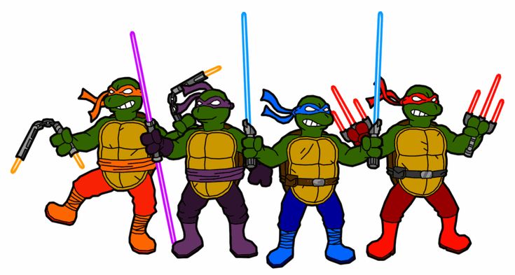 Four Teenage Mutant Ninja Turtles wielding lightsabers and nunchucks in a dynamic pose.
