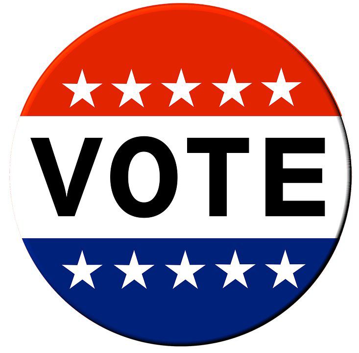 Red, white, and blue circular "VOTE" button with stars, evoking U.S. election themes.