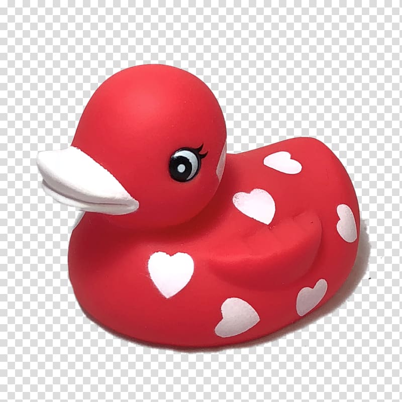 Red rubber duck with white hearts and expressive eyes, ideal for bath time or Valentine’s decor.