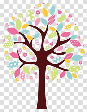 Colorful stylized tree with floral and polka-dot leaves on transparent background