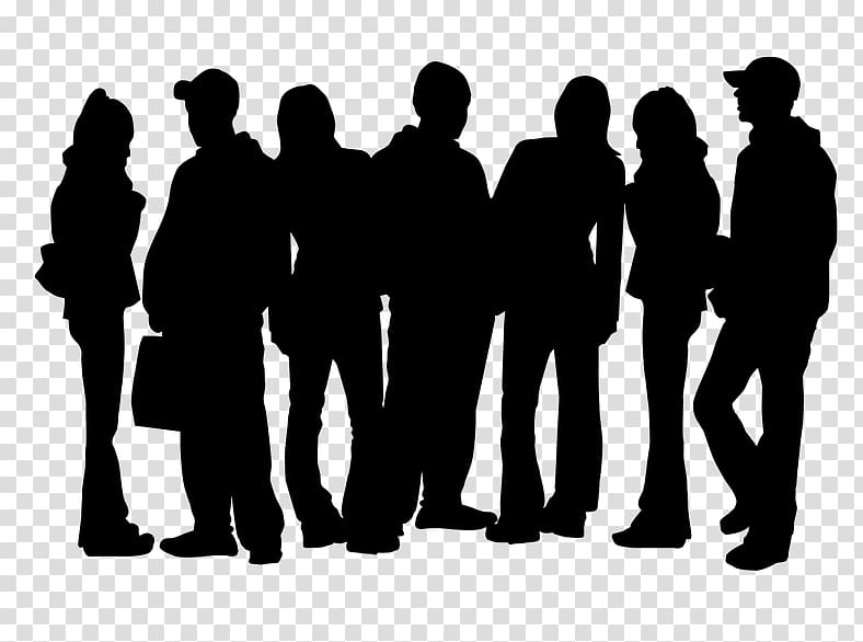 Silhouette of seven diverse people standing together in a group, suggesting unity or social gathering.