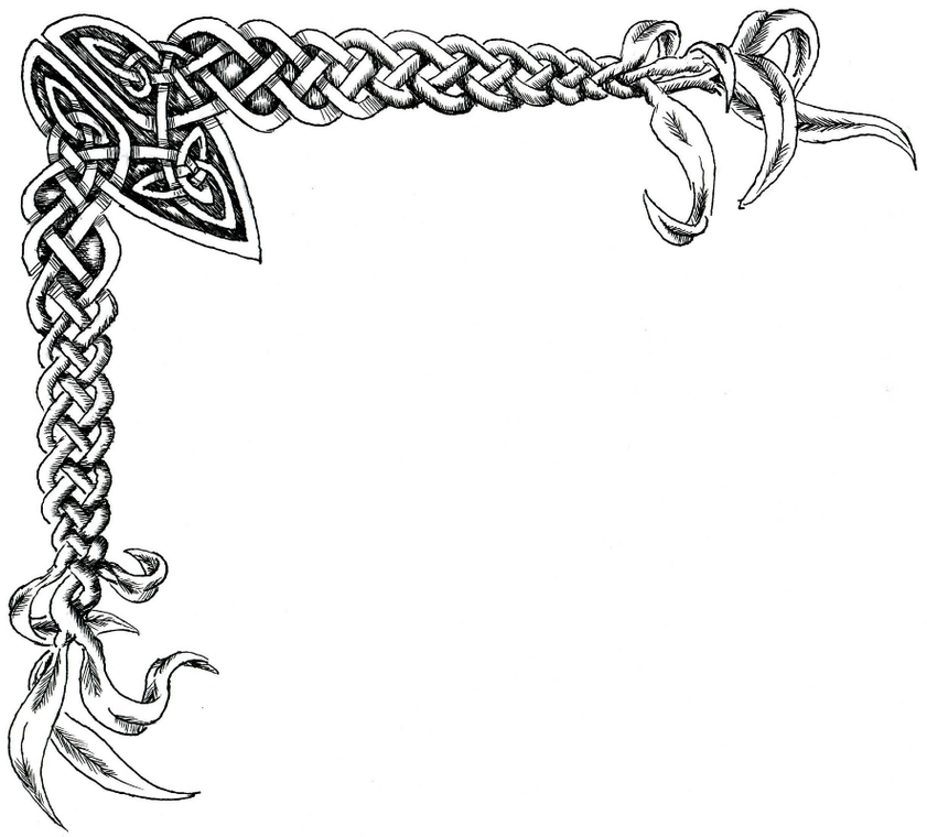 Intricate black-and-white Celtic knot border with leafy flourishes and interwoven patterns forming an L-shaped frame.