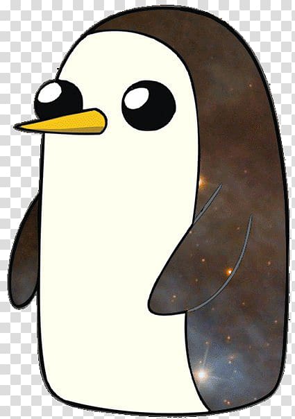 Cartoon penguin with galaxy-patterned wings and large expressive eyes, yellow beak, white chest.