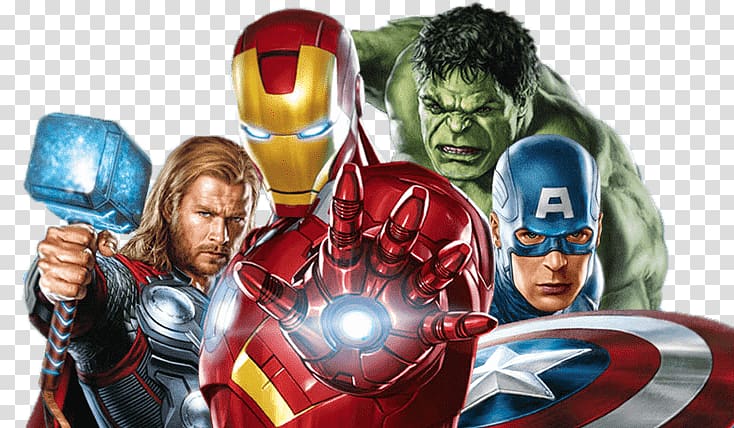 Iron Man, Captain America, Thor, and Hulk posed together in iconic superhero costumes.