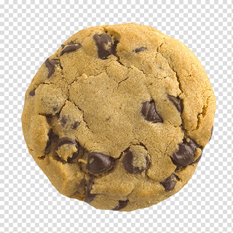 Golden-brown chocolate chip cookie with melted chips and cracked surface, viewed from above on transparent background.