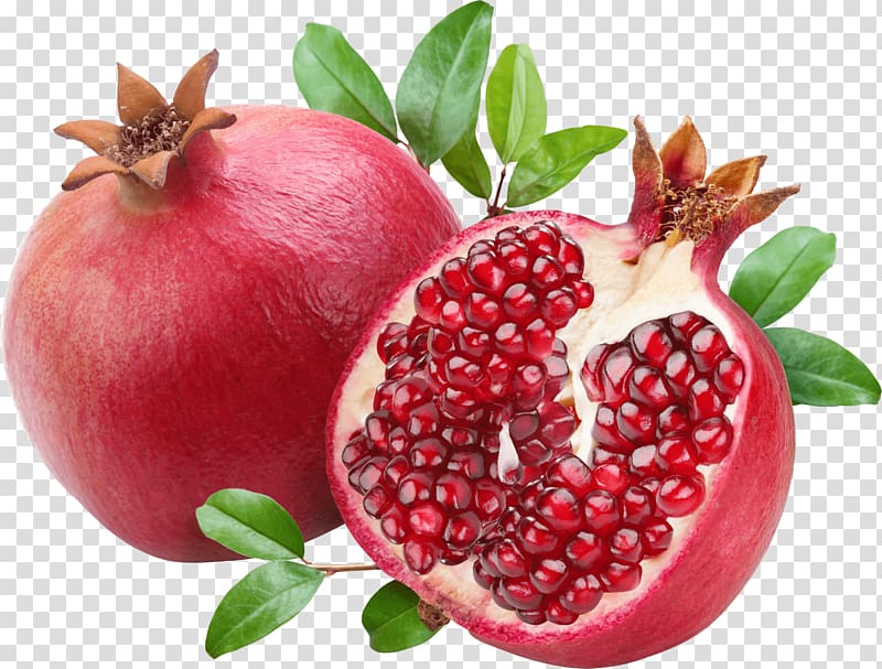 Fresh whole and halved pomegranate with vibrant red arils and green leaves on transparent background.