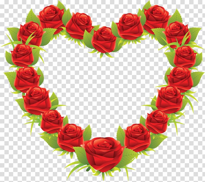 Heart-shaped wreath of vibrant red roses with green leaves on transparent background.