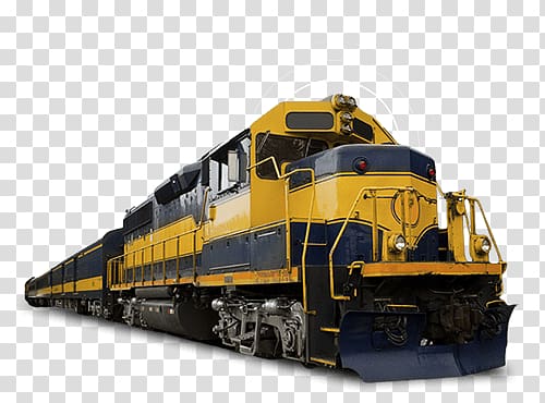 Yellow and navy blue diesel locomotive pulling freight cars on transparent background.