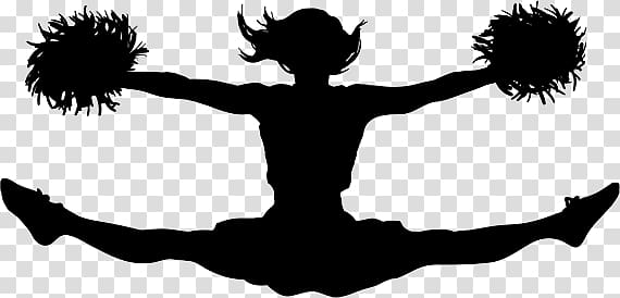 Silhouette of a cheerleader in mid-air split, holding pom-poms, against transparent background.
