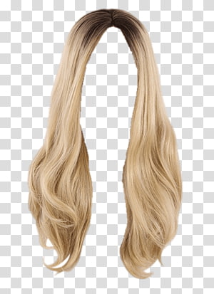 Long blonde ombre wig with dark roots and soft waves, isolated on transparent background.