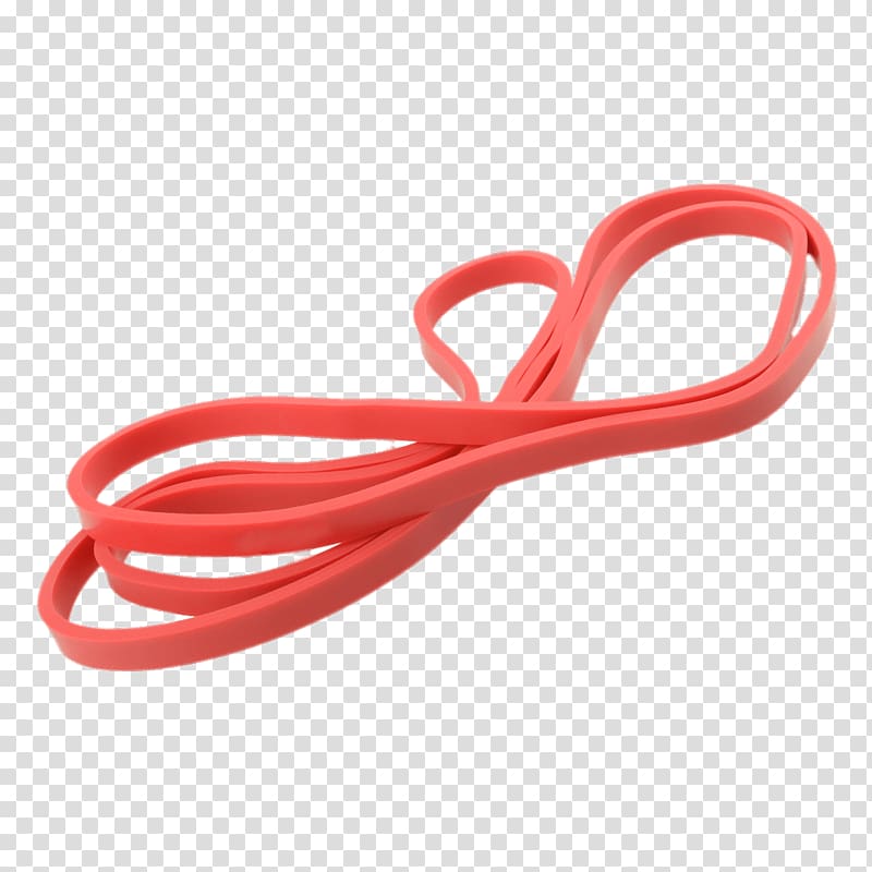 Red resistance band coiled on transparent background, used for fitness and strength training.