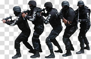 Five tactical SWAT officers in black gear advancing with firearms drawn, ready for high-risk operation.