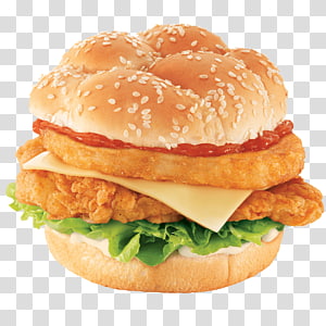 Crispy chicken sandwich with cheese, lettuce, tomato, and sesame seed bun on transparent background.