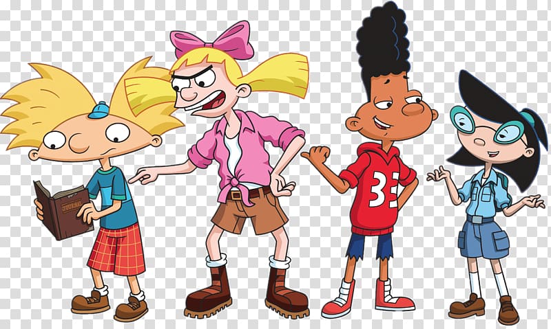 Four animated kids from Hey Arnold!-Arnold, Helga, Gerald, and Phoebe-standing together in expressive poses.