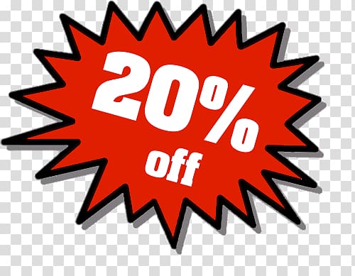 Red starburst graphic with bold white text reading "20% off" on transparent background.