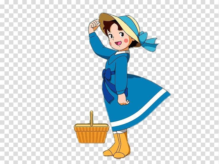 Cheerful animated girl in blue dress and straw hat, holding basket, smiling and waving.