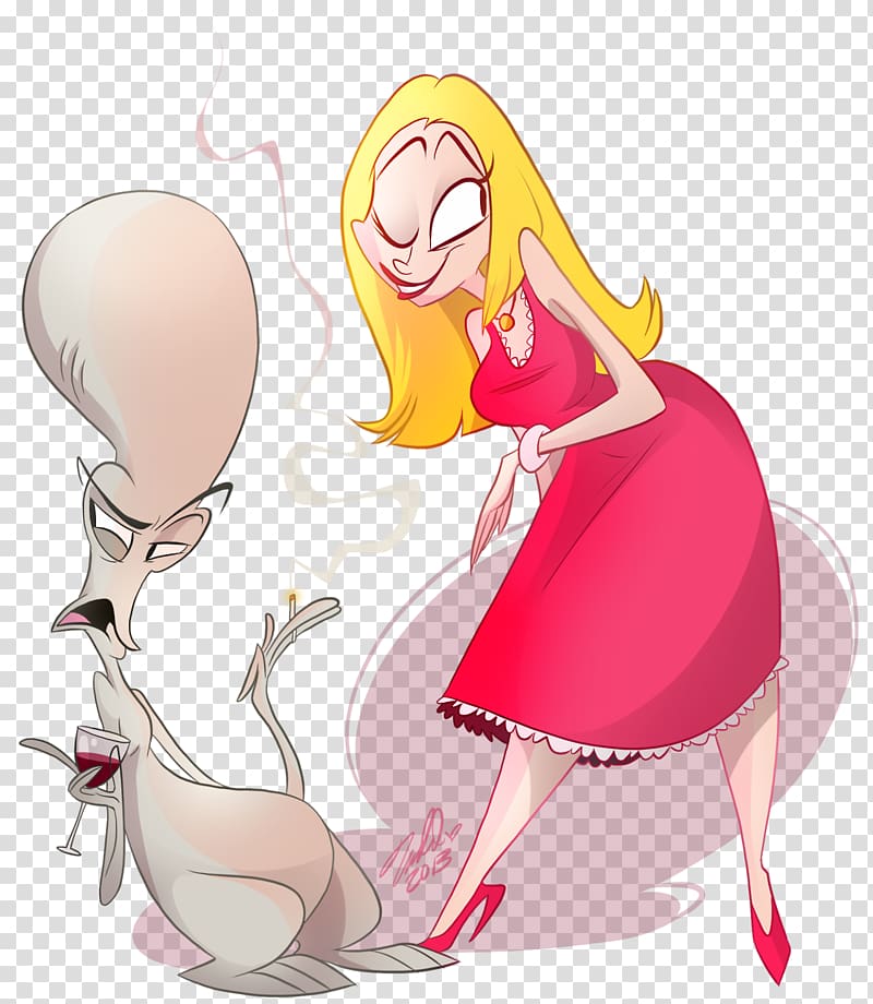 A cartoon alien with a large head smokes and sips wine while a smiling blonde woman in a red dress leans toward him playfully.
