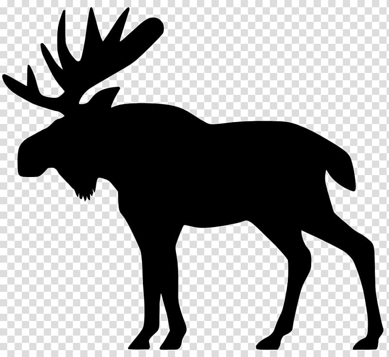 Black silhouette of a moose with large antlers standing in profile against transparent background.