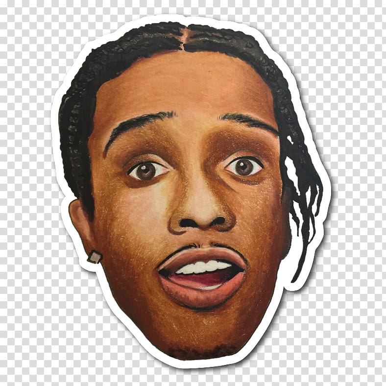 Hand-painted portrait sticker of a young Black man with braids, wide eyes, and open mouth, wearing a square earring.