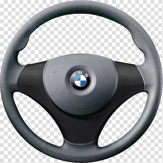 BMW steering wheel with airbag and logo, black leather-trimmed, three-spoke design on transparent background.