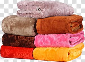 Stack of six folded plush blankets in vibrant colors: lavender, beige, rust, brown, pink, red, and orange.