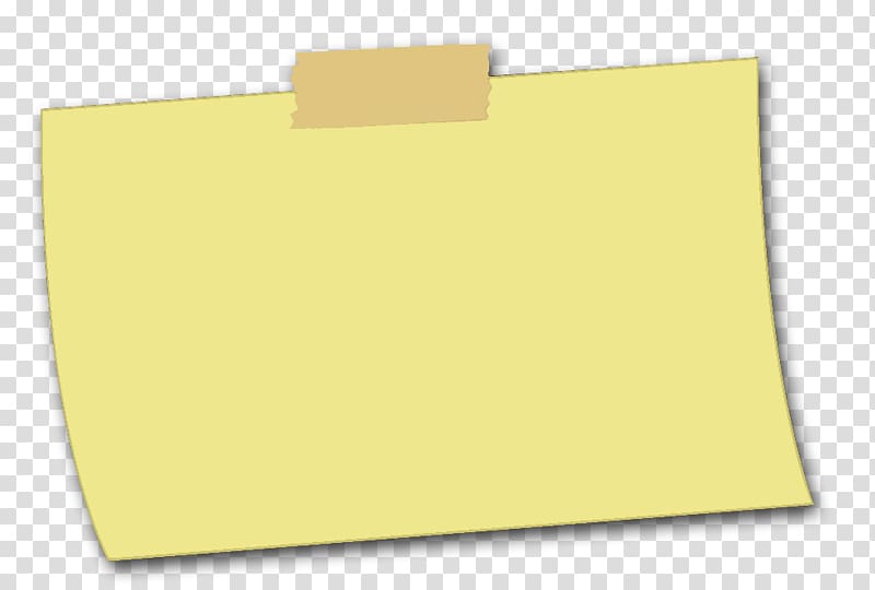 A blank yellow sticky note taped at the top with beige adhesive tape, set against a transparent checkered background.