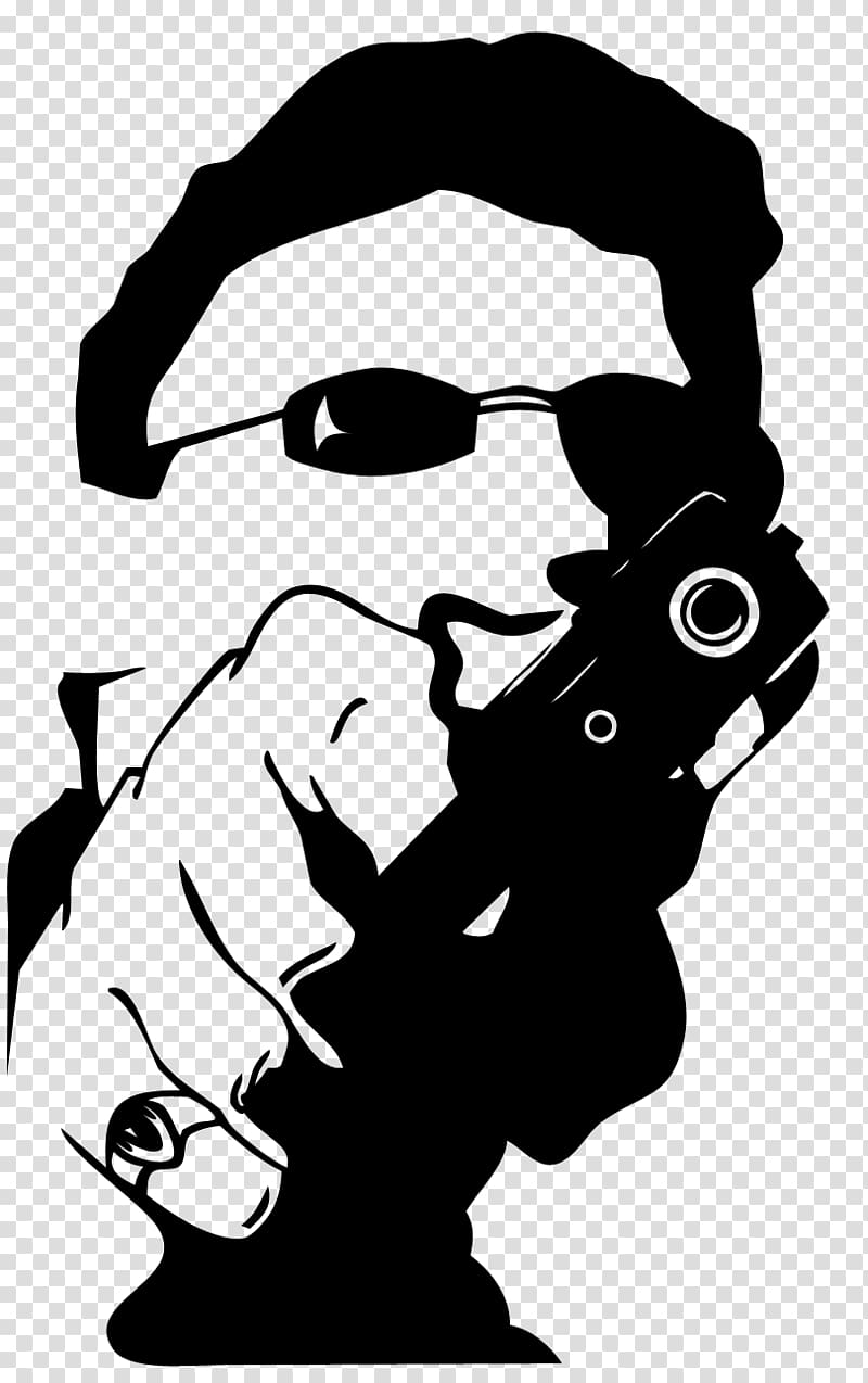 Silhouette of a photographer wearing sunglasses, holding a vintage camera to their eye.