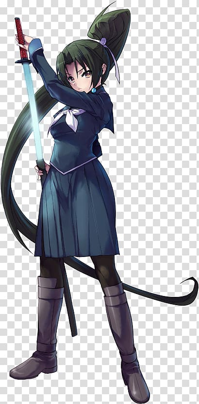 Anime girl with green hair, cat ears and tail, wielding a glowing katana in a school uniform pose.