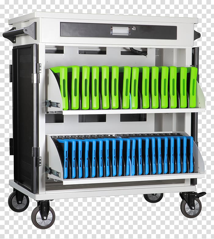 White mobile charging cart with two shelves holding green and blue tablet cases, on caster wheels with side door open.