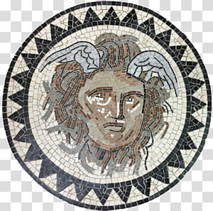 Ancient Roman mosaic depicting Medusa’s head with wings and serpentine hair, framed by geometric black-and-white border.