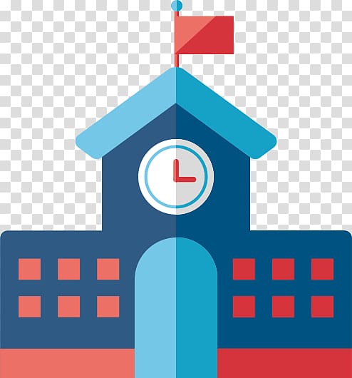 Blue school building icon with clock, red flag, and windows on transparent background.
