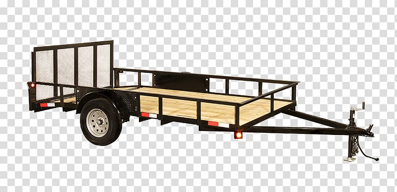 Black utility trailer with wooden deck, mesh side panels, and single axle on transparent background.