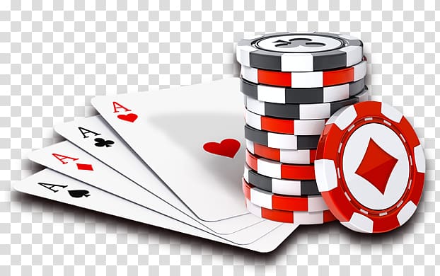 Four aces fanned out beside a stack of red, white, and black poker chips with one chip leaning forward.