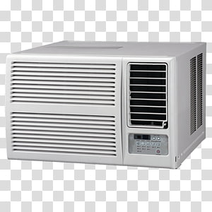 White window air conditioner unit with control panel and vent grilles on front and side.