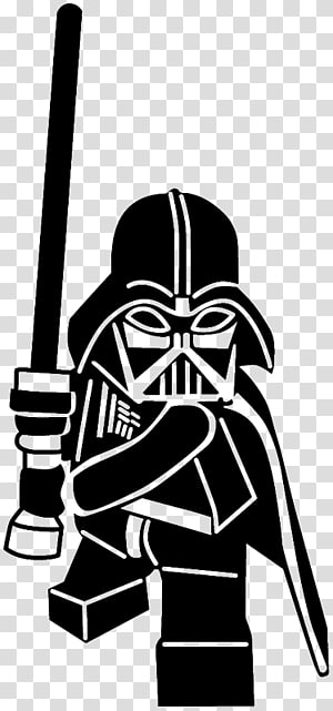 LEGO Darth Vader minifigure holding lightsaber in classic black-and-white silhouette style.