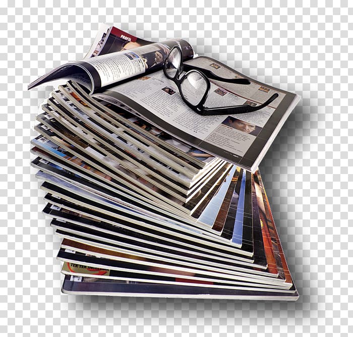 Stack of magazines with reading glasses resting on top, symbolizing research, learning, or journalism.