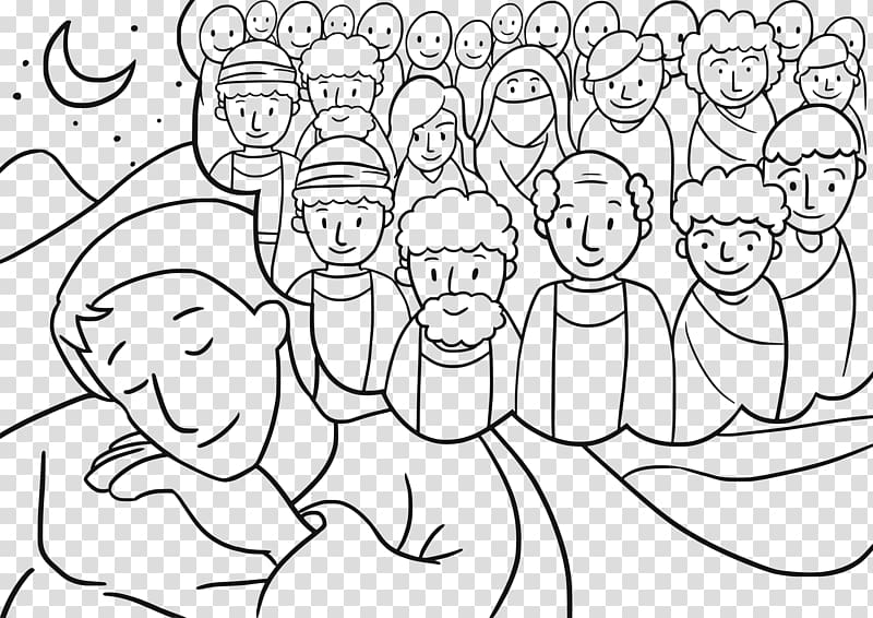 A man sleeps peacefully as a crowd of smiling people watches over him under a crescent moon and stars.
