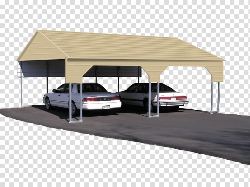 Beige metal carport sheltering two white sedans on asphalt, with gabled roof and support posts.