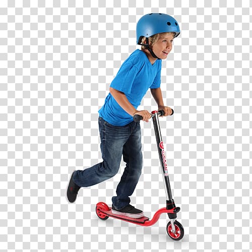 Young boy wearing blue helmet and shirt rides red kick scooter with joyful expression.