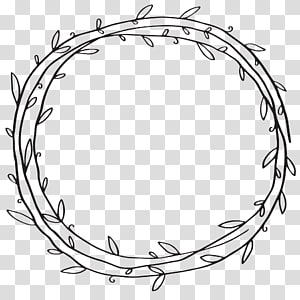 Hand-drawn circular wreath made of intertwined vines and small leaves on transparent background.