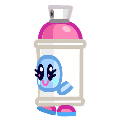 A cute cartoon blue ghost character peeking out of a pink spray paint can with expressive eyes and smiling face.