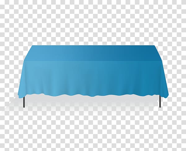 Blue tablecloth draped over a rectangular table with black legs, on transparent background.