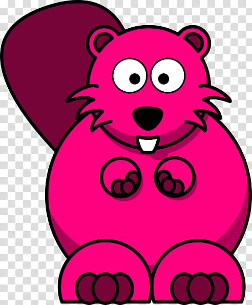 Bright pink cartoon beaver with large eyes, buck teeth, and a dark tail, sitting upright on a transparent background.