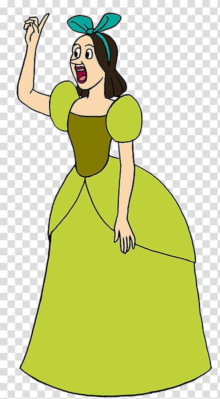 Animated princess in green gown with teal bow, pointing upward excitedly.