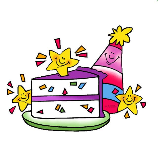 Cheerful birthday cake slice with smiling stars, party hat, and confetti on a green plate.