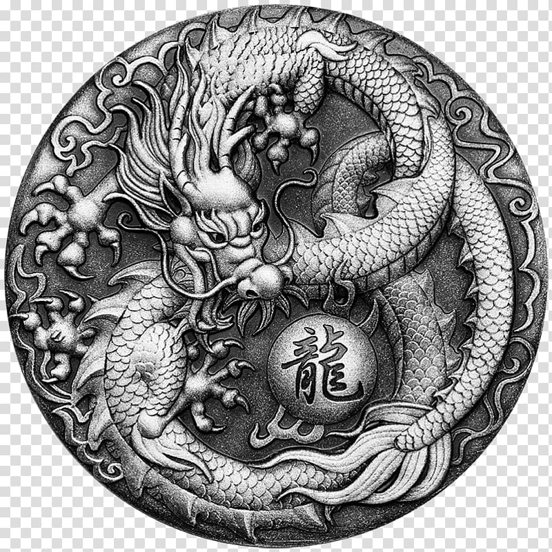Intricate black-and-white circular relief carving of a Chinese dragon coiling around a pearl with the character 龍 (dragon) inscribed.