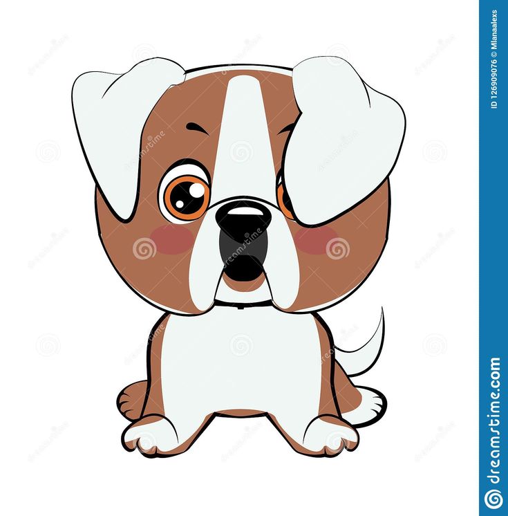 Cute cartoon bulldog puppy with brown and white fur, big eyes, and floppy ears sitting upright.